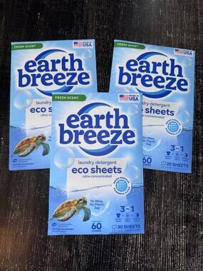 Lot of 3 Earth Breeze Laundry Detergent Fresh Scent 30 Sheets or 60 Loads Each
